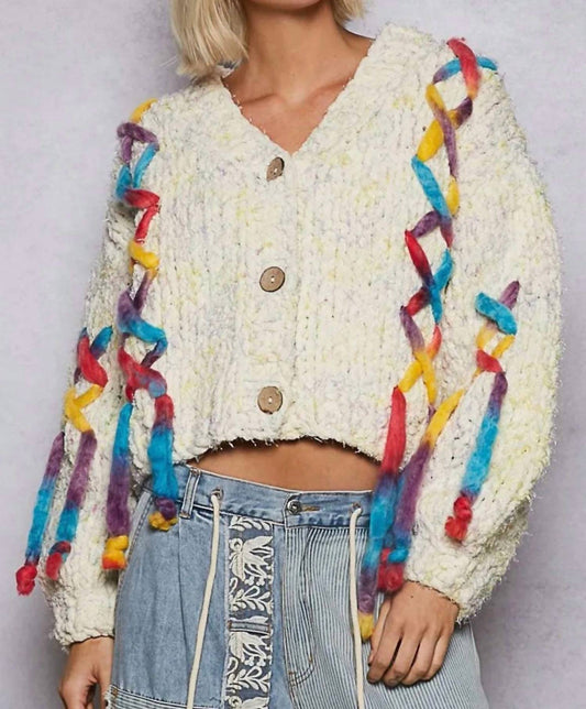 Pol - Soft Chenille Style Textured Cardigan With Multi Colored Tie