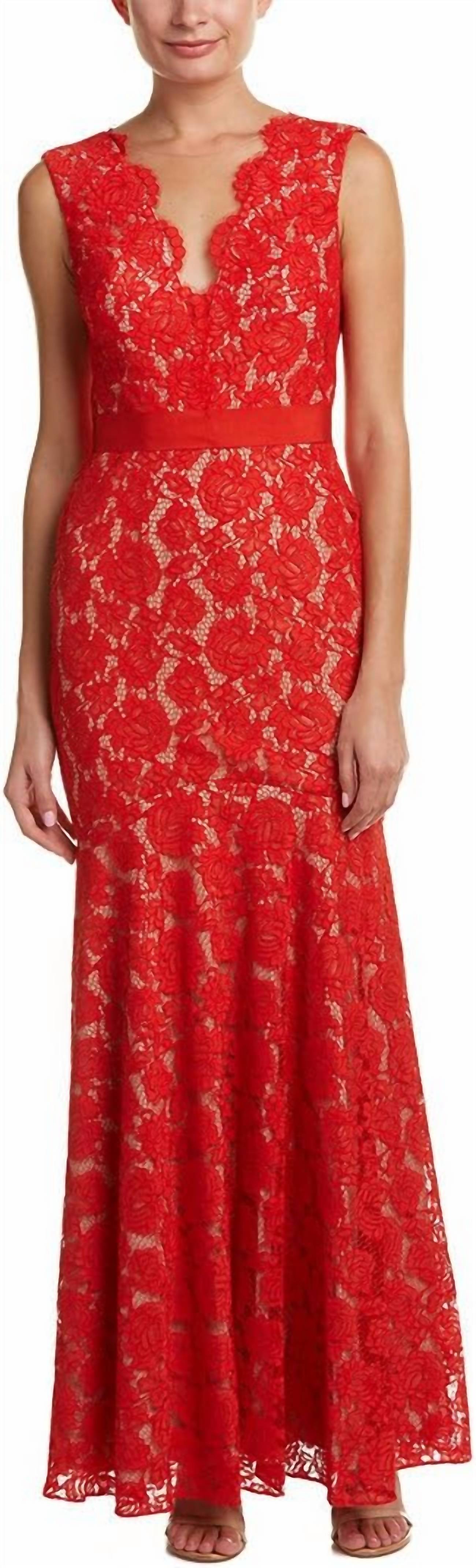 Theia - Scalloped V-neck Floral Lace Dress