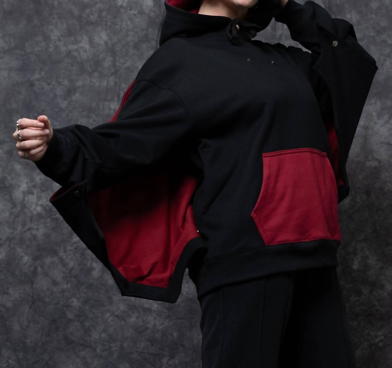 Steady Hands Bat Wing Hoodie in black red - women's top - detail view