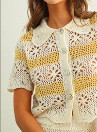 Miou Muse - Floral Crochet Knit Button Front Top