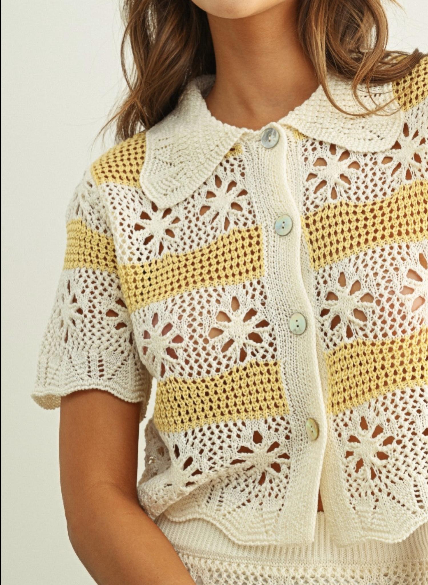 Miou Muse - Floral Crochet Knit Button Front Top