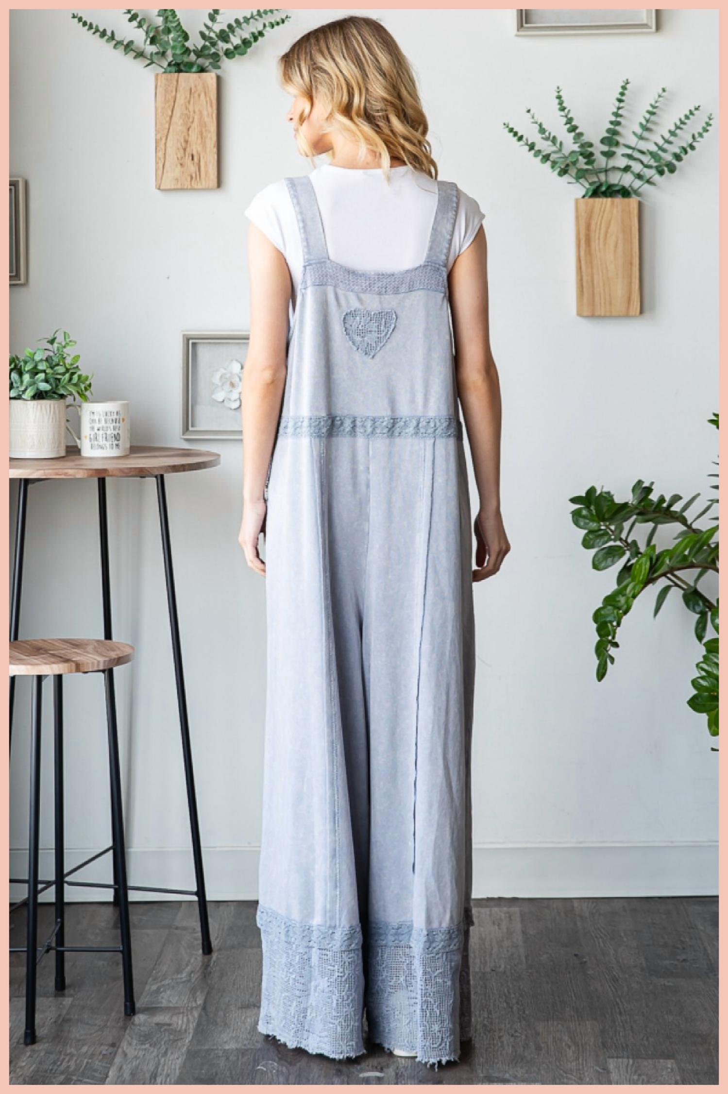 Oli & Hali - Washed Lace Hem Terry Overall Jumpsuit