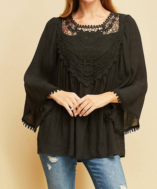 Entro - Crochet Lace Flare Sleeve Top - Plus