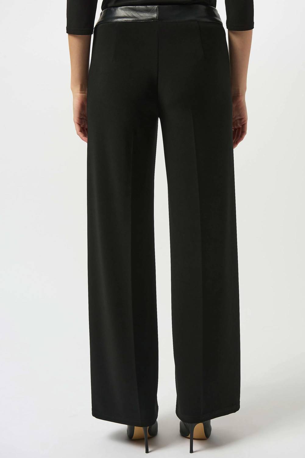 Joseph Ribkoff Silky Knit & Leatherette Wide-leg Pants in black 1 - women's pants - detail view