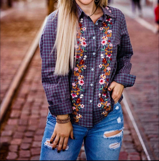 Layerz Clothing - Gracie Plaid Embroidered Top