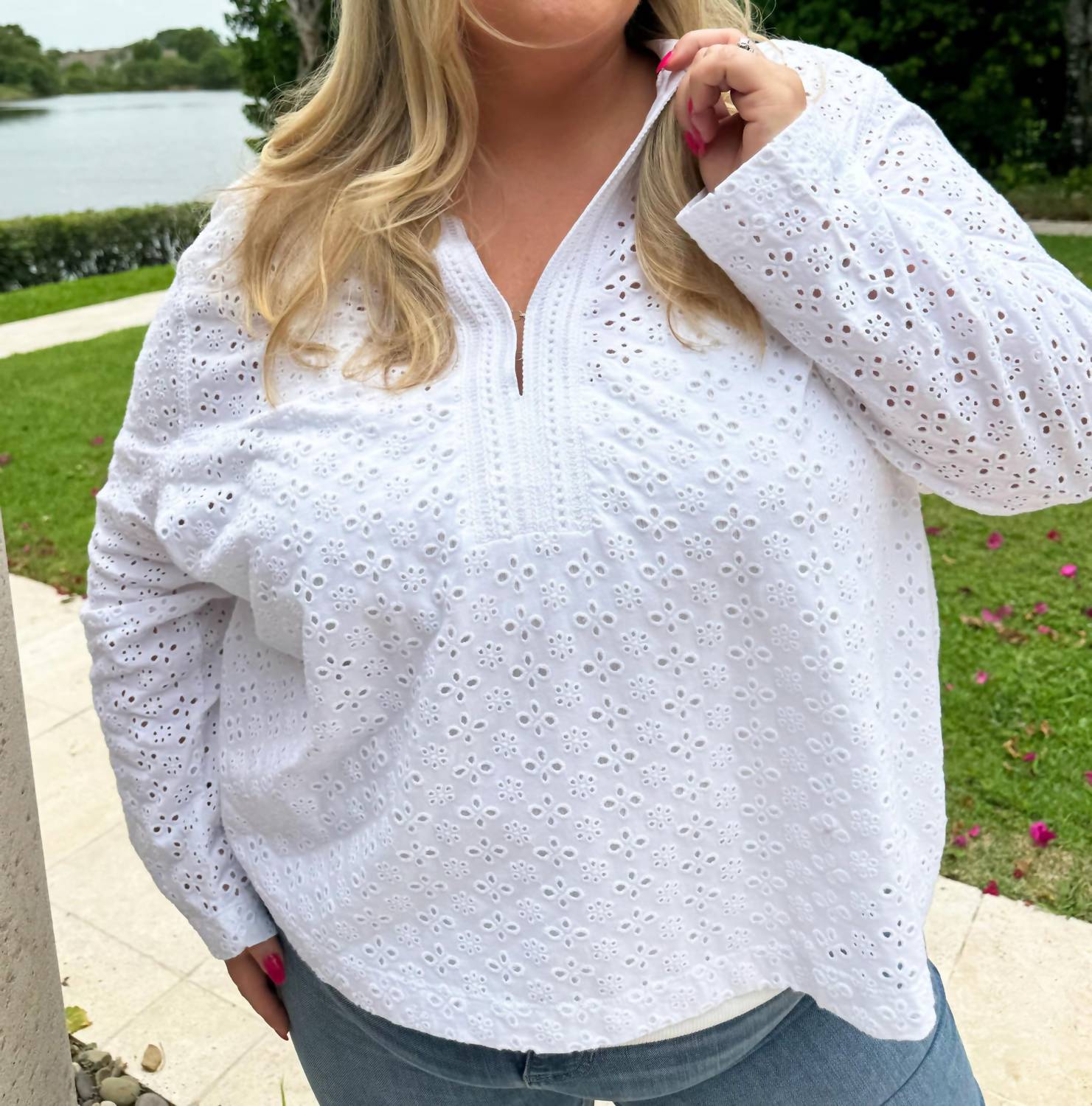 Nic + Zoe - Knit Eyelet Split Neck Top - Plus