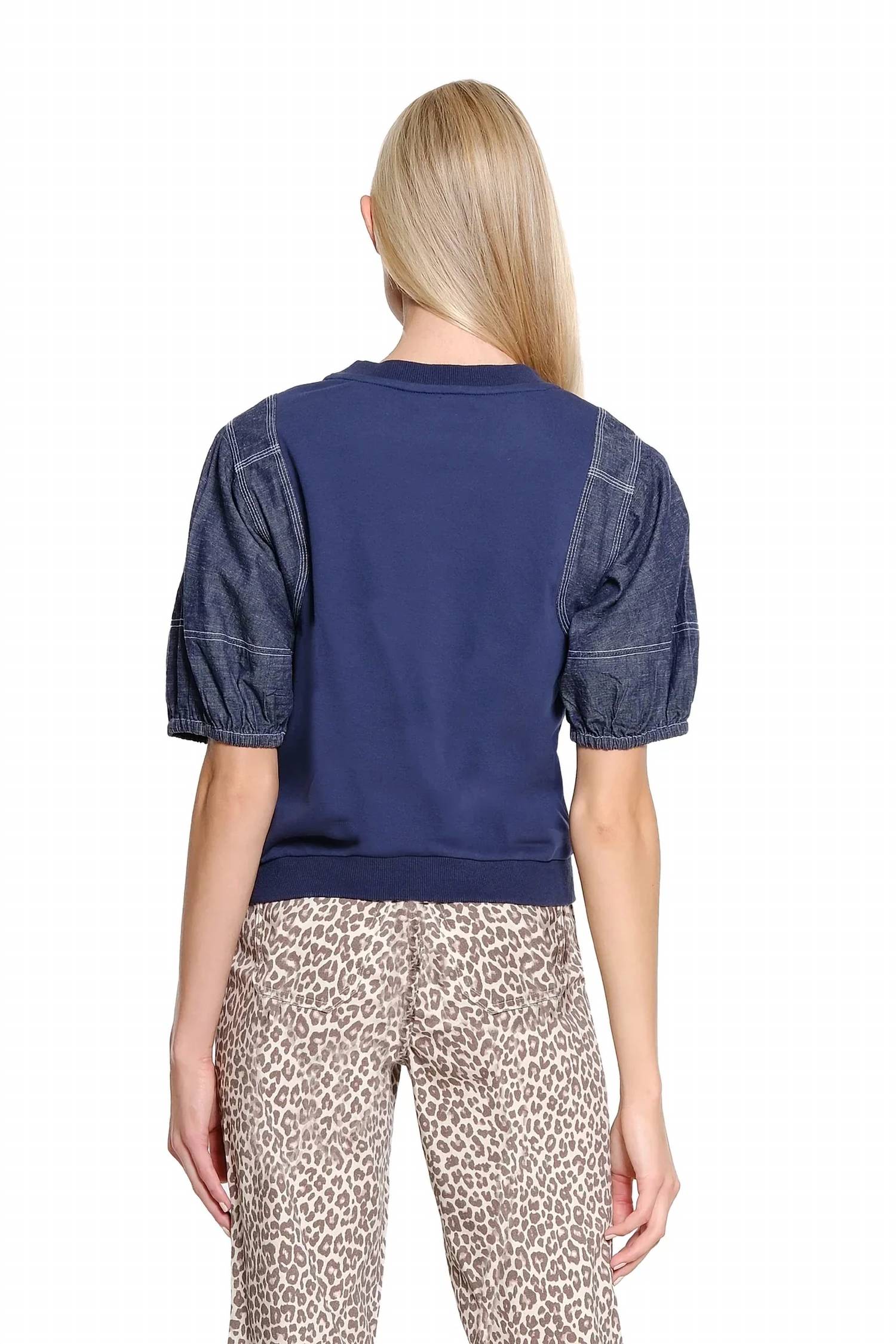 Tru Luxe - Women's Knit Top With Denim Sleeves