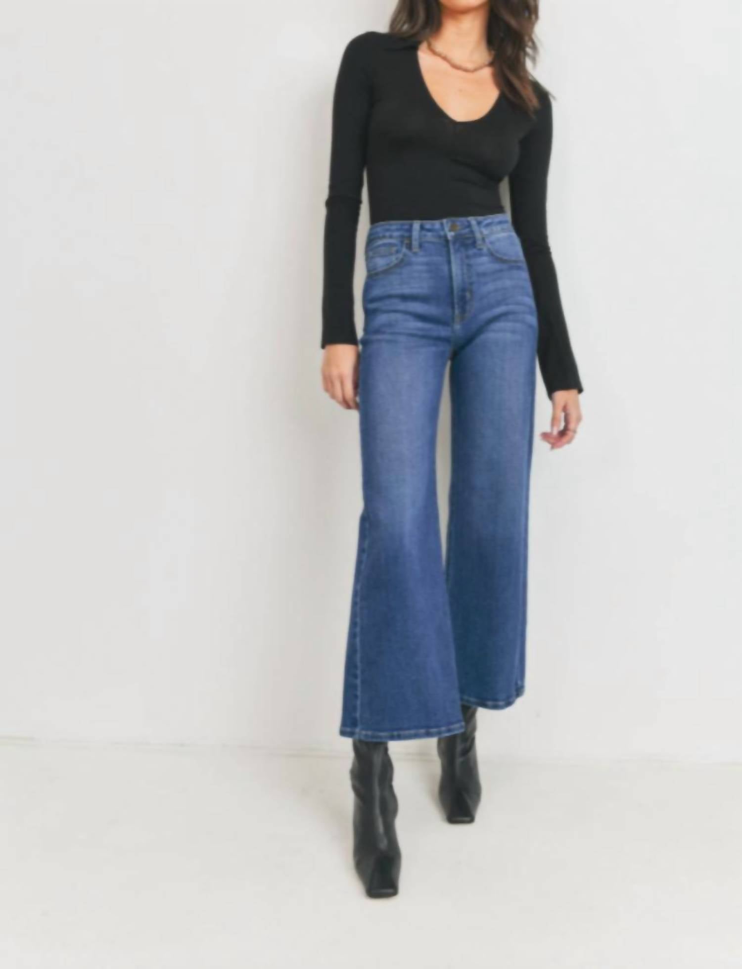 JUST BLACK DENIM High Rise Slim Cropped Wide Leg Jeans in dark wash - women's jeans