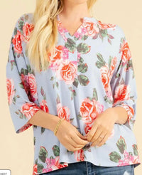 Sew In Love - Blue & Red Floral Half Sleeve Top