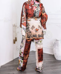 Surelymine - Golden Hour Boho Luxe Kimono Set Printed Duster & Wide-leg Pants