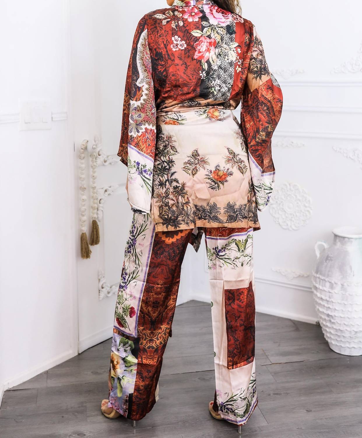 Surelymine - Golden Hour Boho Luxe Kimono Set Printed Duster & Wide-leg Pants