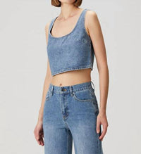Self-Portrait - Rhinestone Denim Crop Top