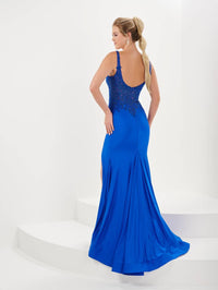 Tiffany Designs - Beaded Jersey Sheer Corset Slit Gown
