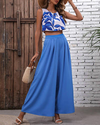 Rosa Clothing - Printed Top Wide-Leg Pants Two-Piece Set