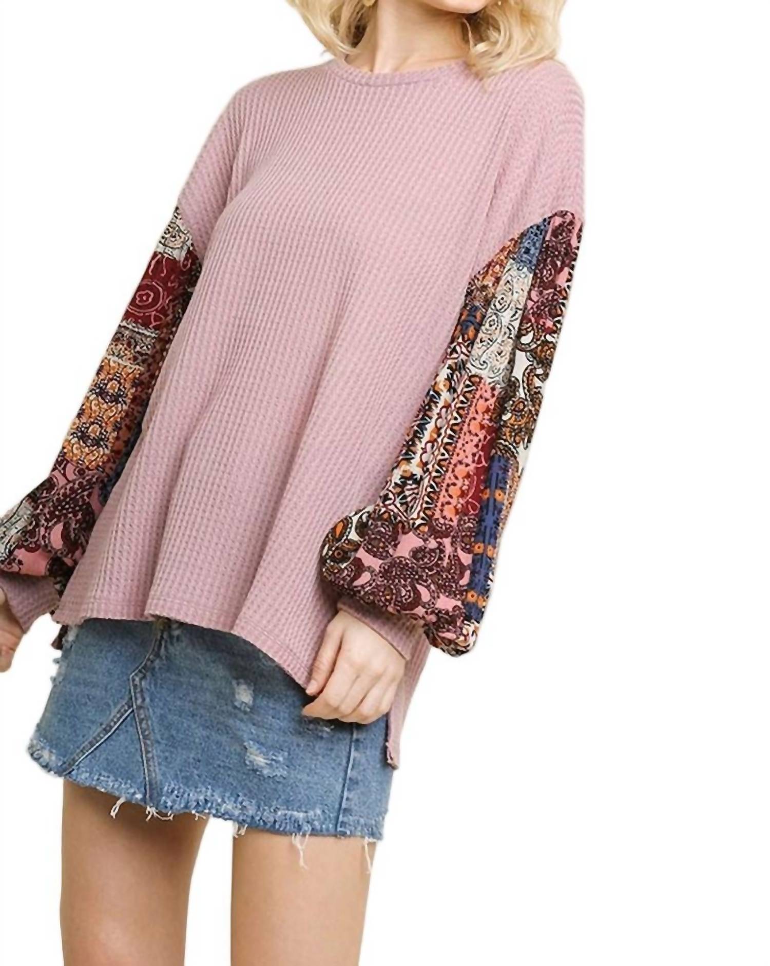 Umgee - Paisley Print Waffle Knit Top