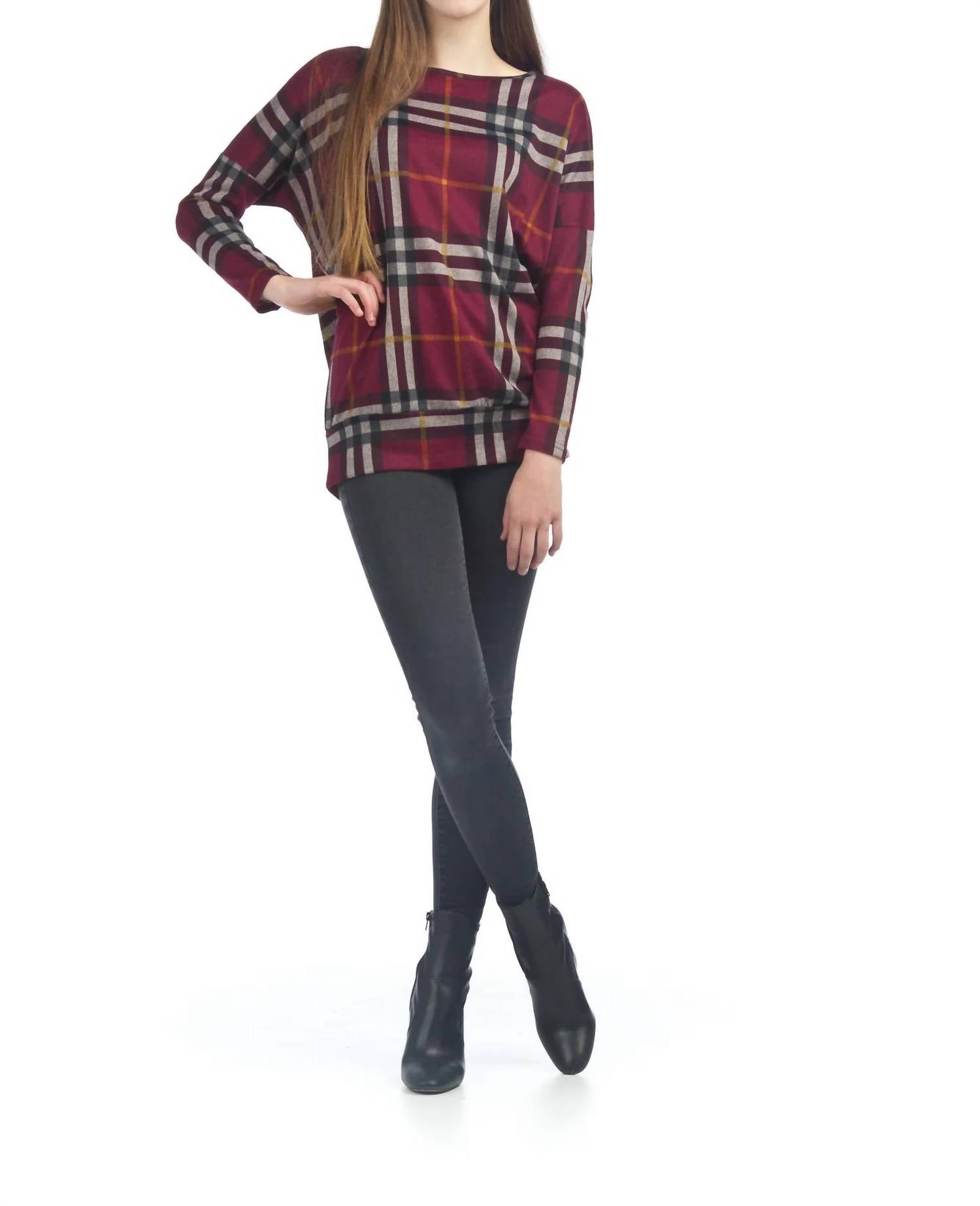 Papillon - Plaid Oversized Sweatshirt With Banded Bottom