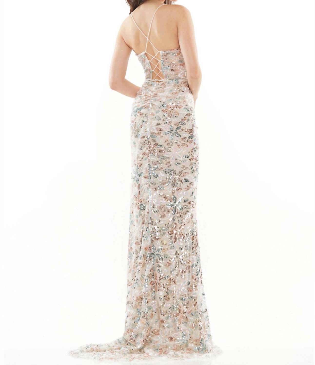 COLORS DRESS Sequin Mermaid Evening Gown in gold turquoise - women's dress - detail view