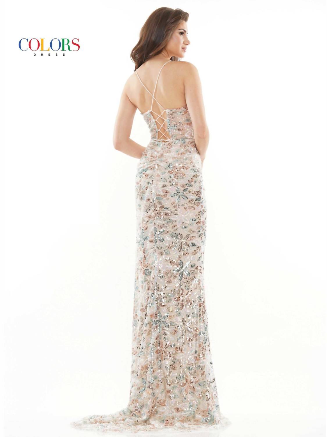 COLORS DRESS Sequin Mermaid Evening Gown in gold turquoise - women's dress - alternate view