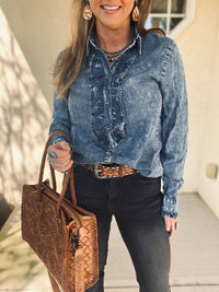 Doe and Rae The Dusty Denim Top in blue - women's blouse - detail view