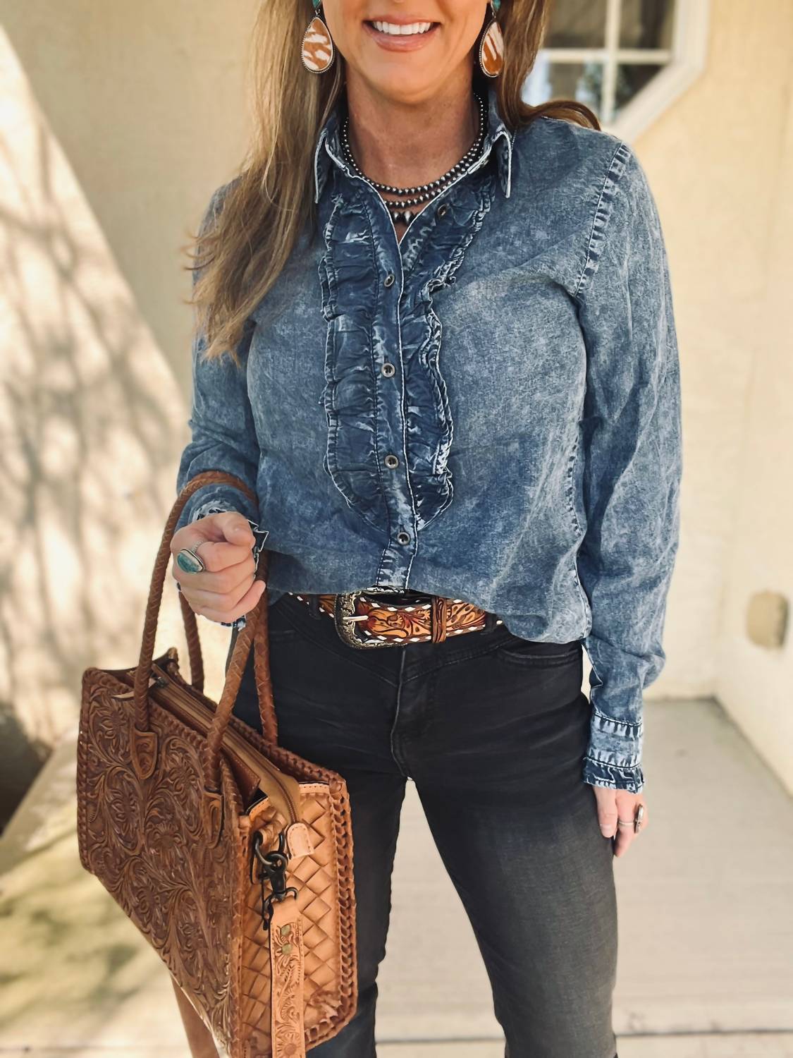 Doe and Rae The Dusty Denim Top in blue - women's blouse - detail view