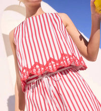 Skies Are Blue - Strolling Seaside Sleeveless Striped Top With Embroidery Hem