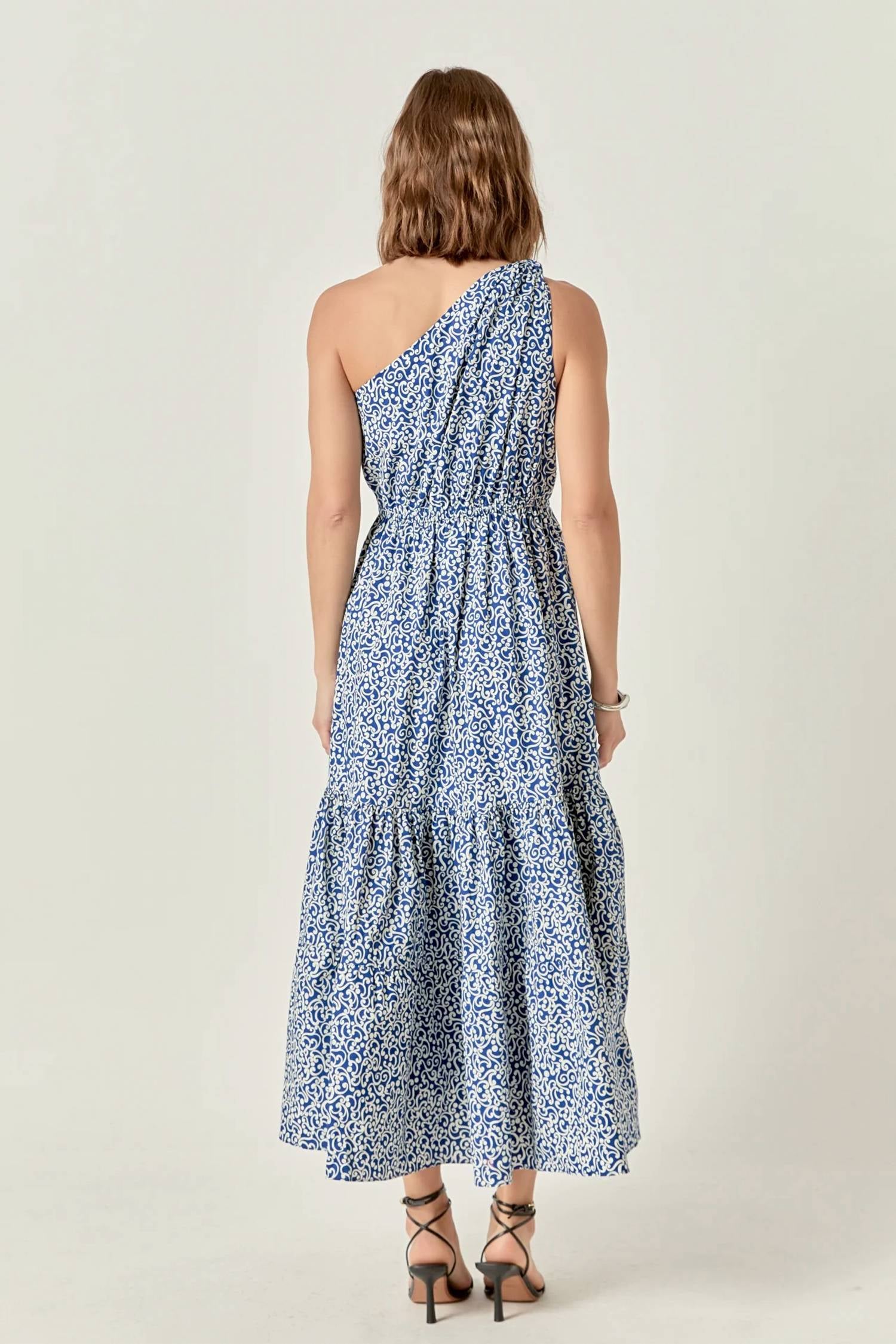 2.7 AUGUST APPAREL Print One Shoulder Maxi Dress in blue - women's dress - detail view