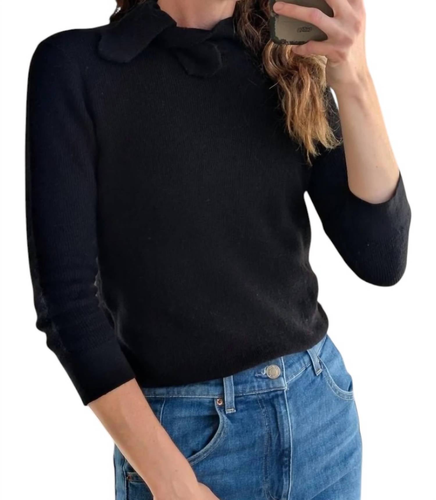 Minnie Rose - Supima Cotton Cashmere Shaker Tie Up Neck Top