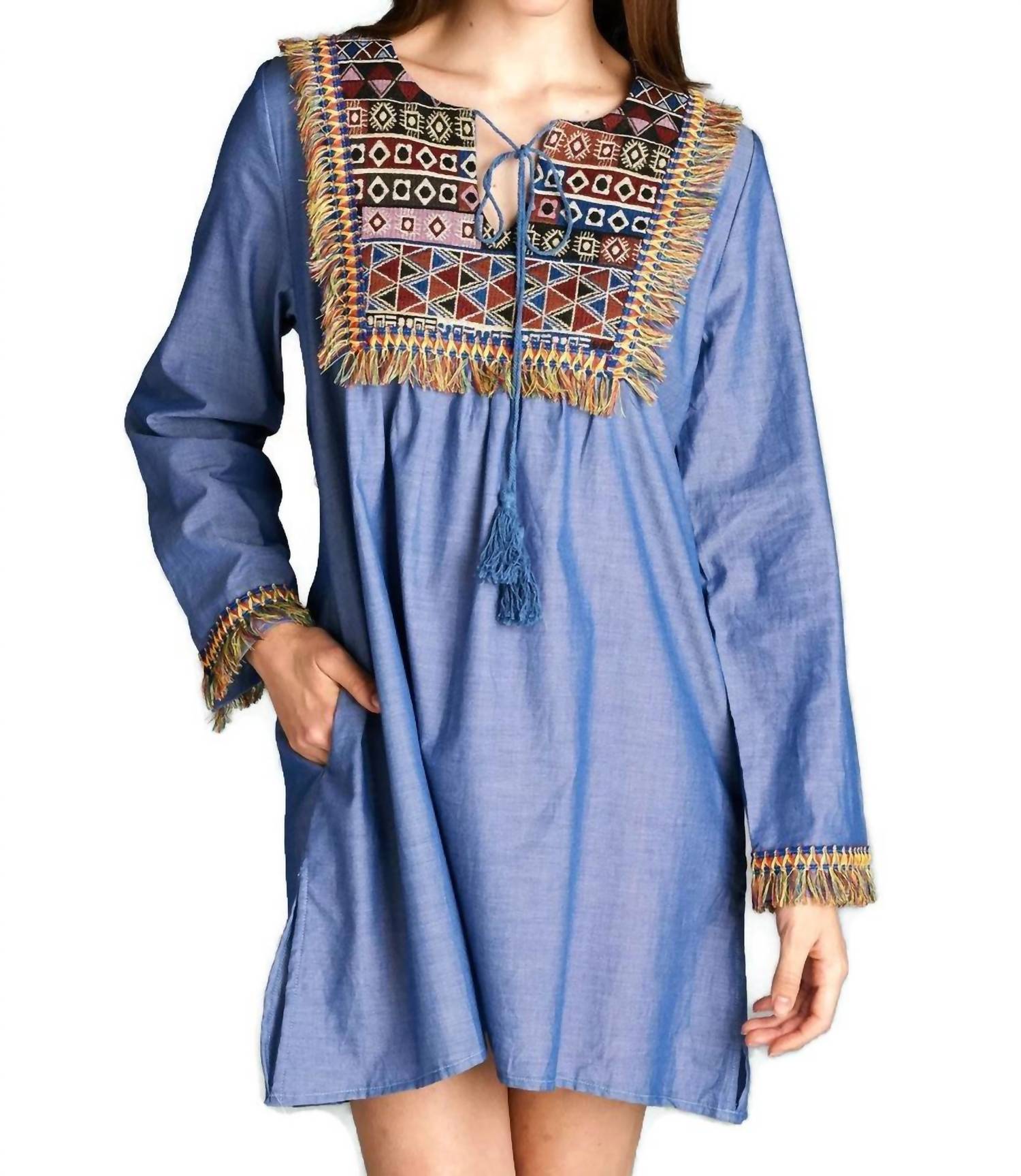 Velzera - Fringe Geometric Chambray Mini Dress