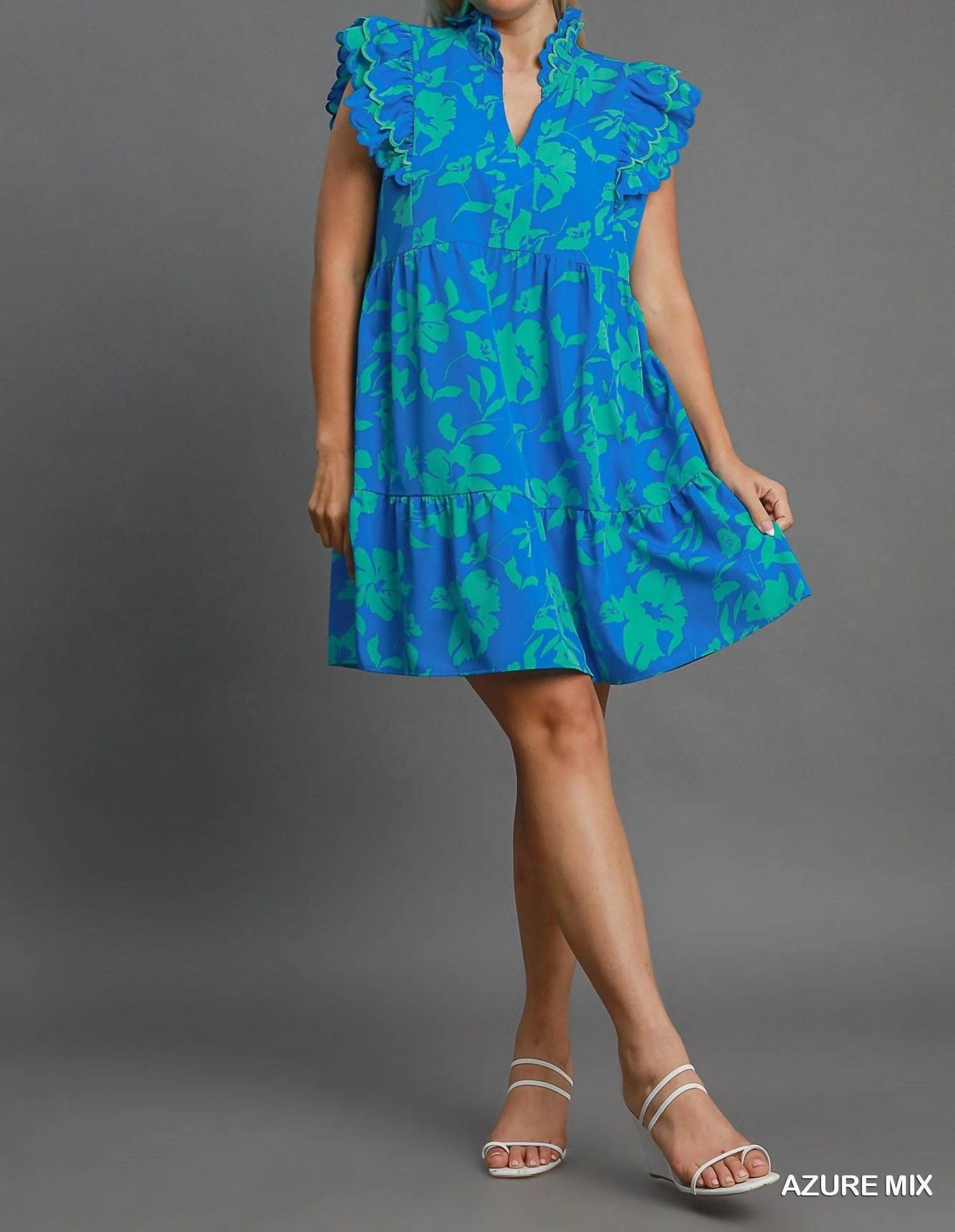 Umgee - Floral Print With Scalloped Edges Mini Dress - Plus