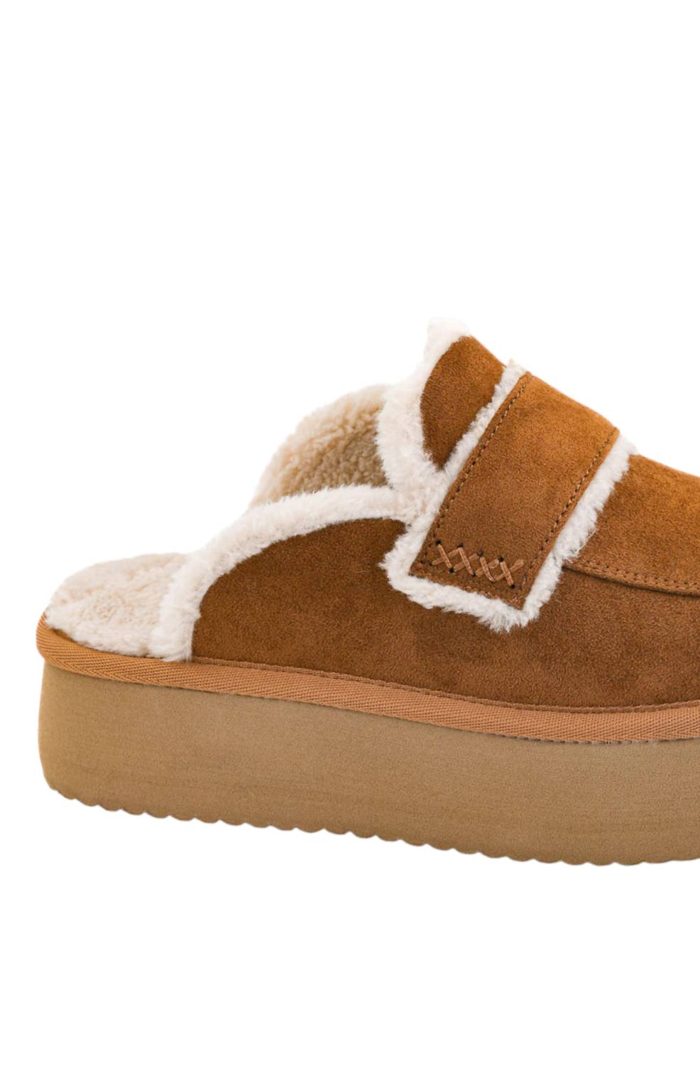 Corkys Footwear Women's Veg Out Clog in tobacco faux suede - women's shoe - detail view