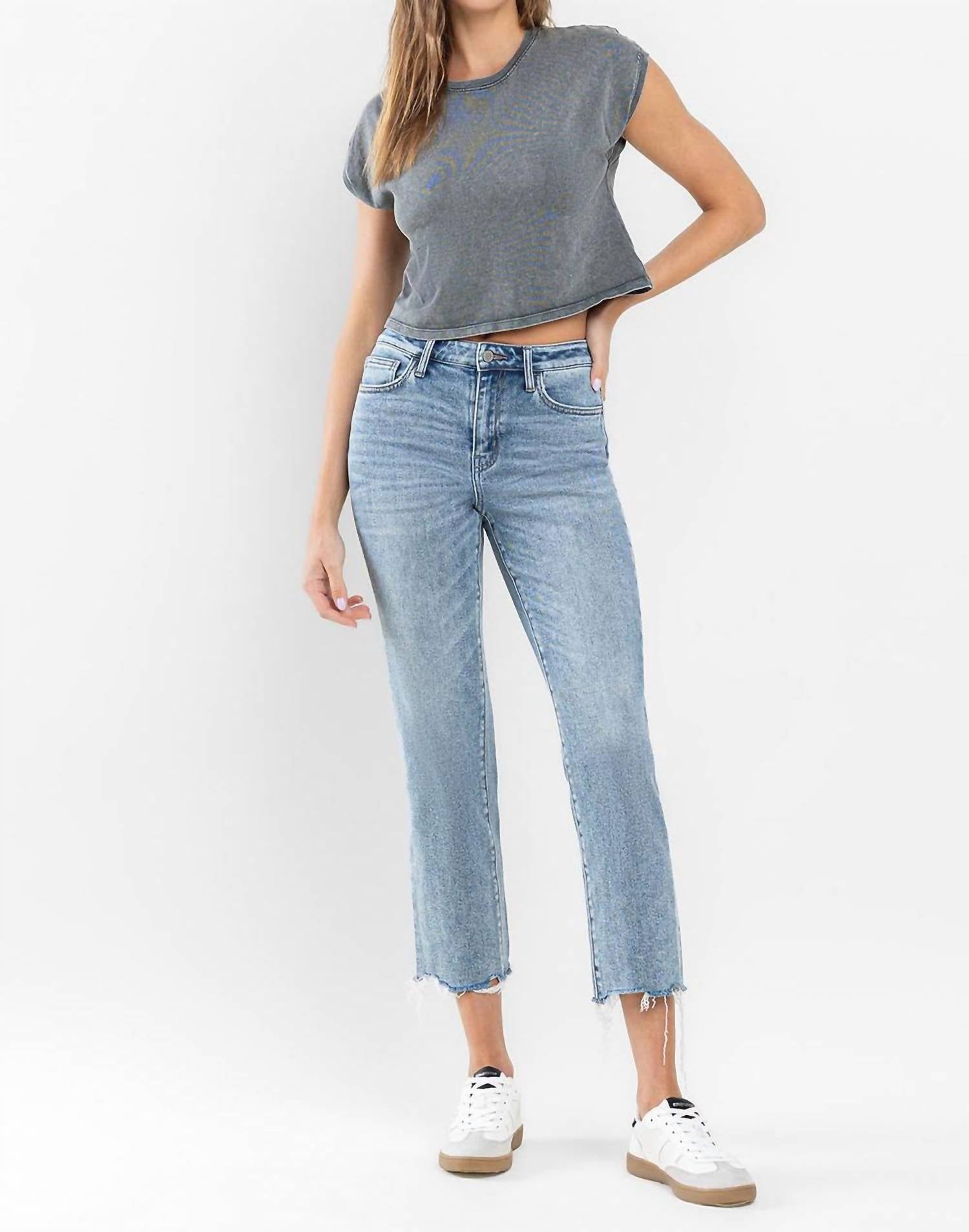 Flying Monkey - High Rise Cropped Distressed Hem Straight Jeans
