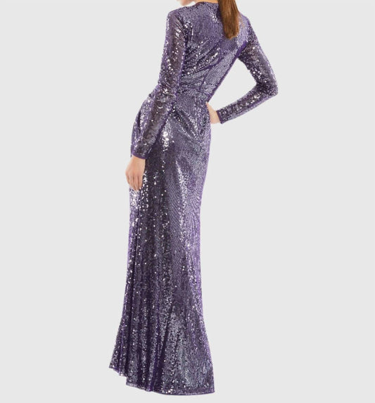 Mac Duggal - Sequined Long Sleeve Draped Gown