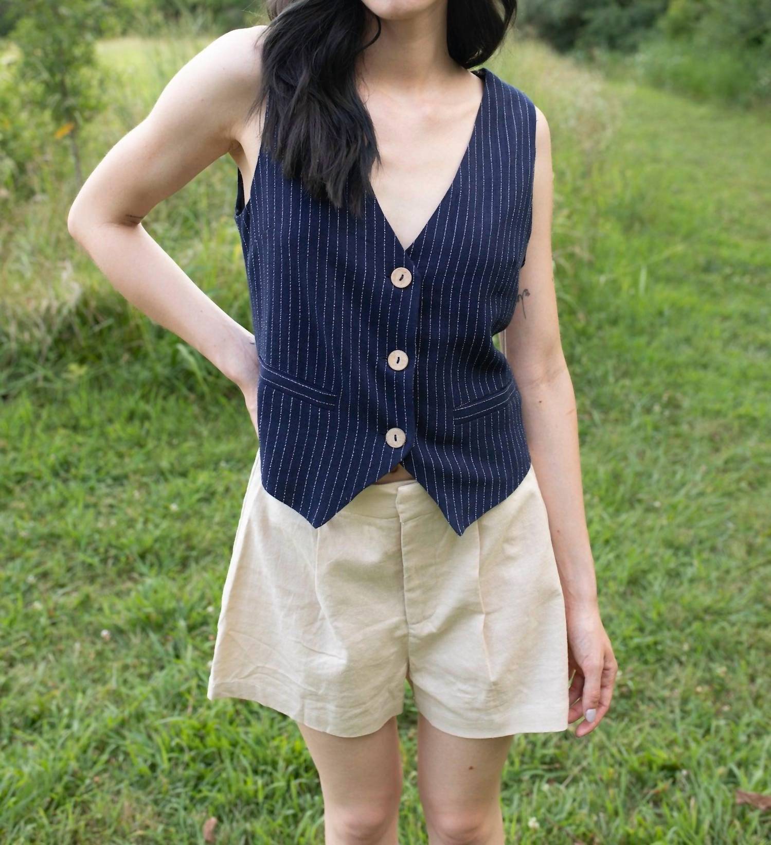 LUMIERE Classic Pinstripe Vest in navy - women's jacket