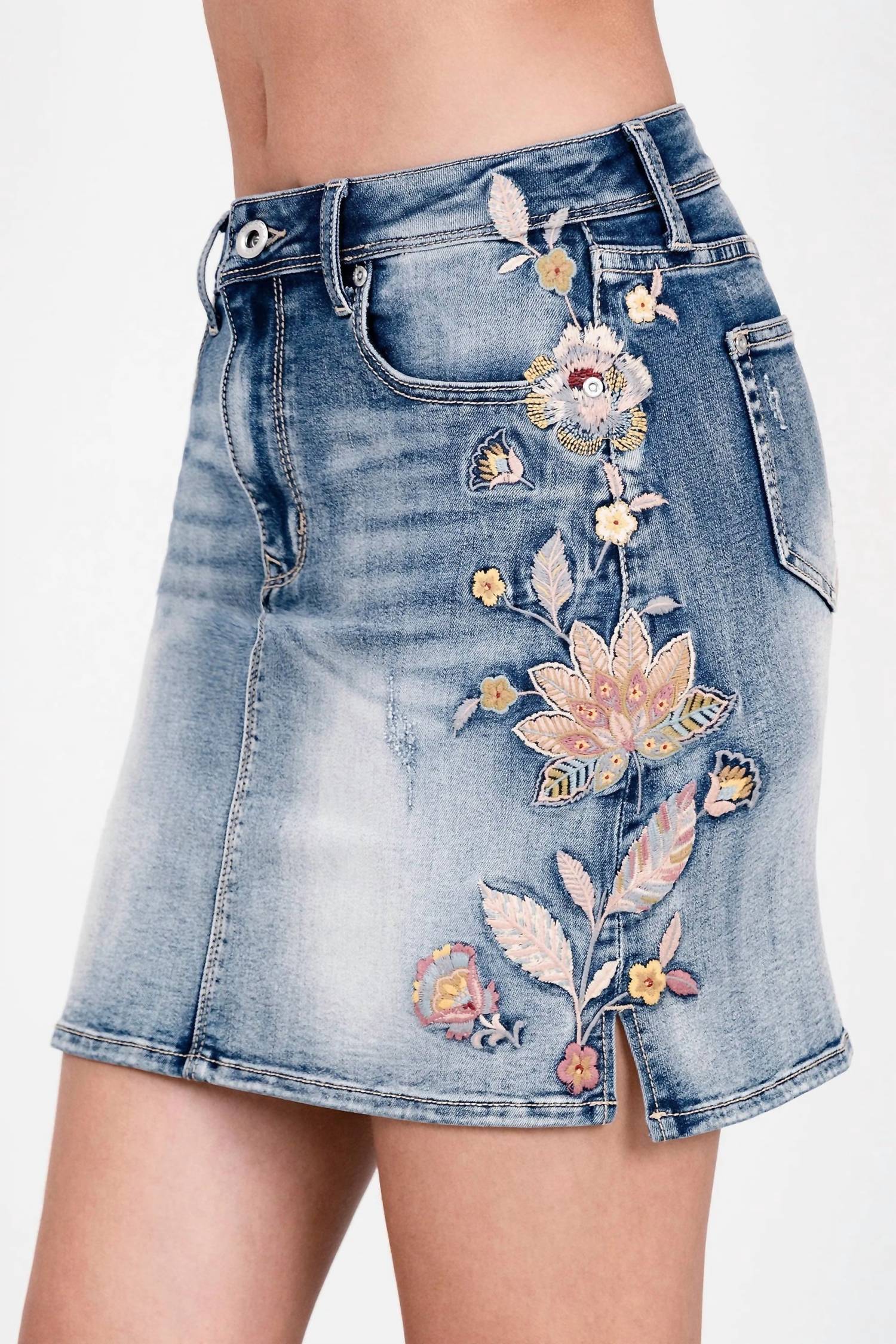 Grace In La - Floral Bloom Embroidered Denim Skirt