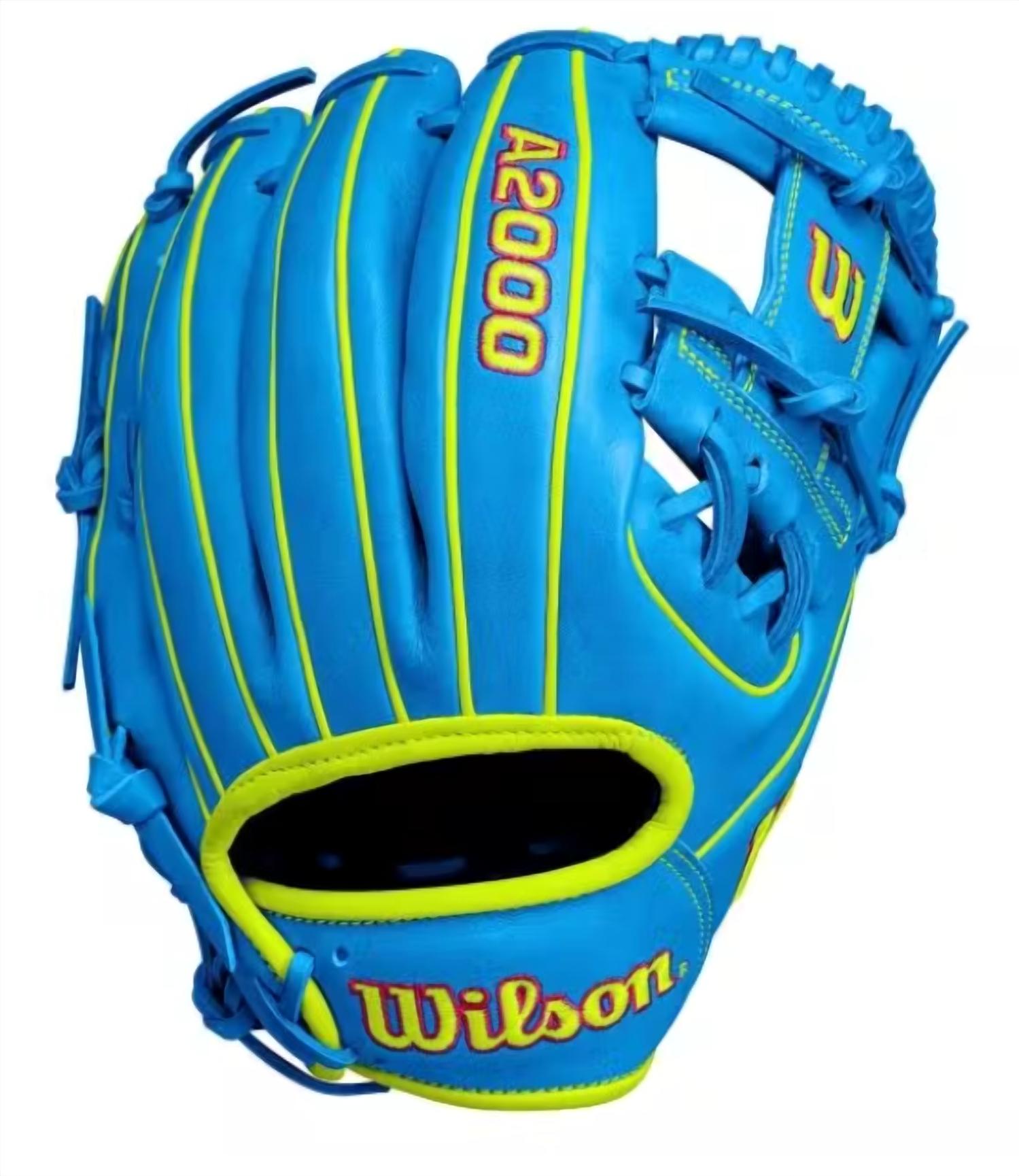 Wilson Men's A2000 Fall 1786 11.5" Infield Baseball Gloves in sky blue optic yellow - men's accessory - detail view