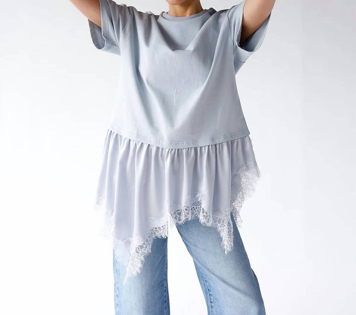 Sundayup - Women's Powder Blue Lace Hem Top