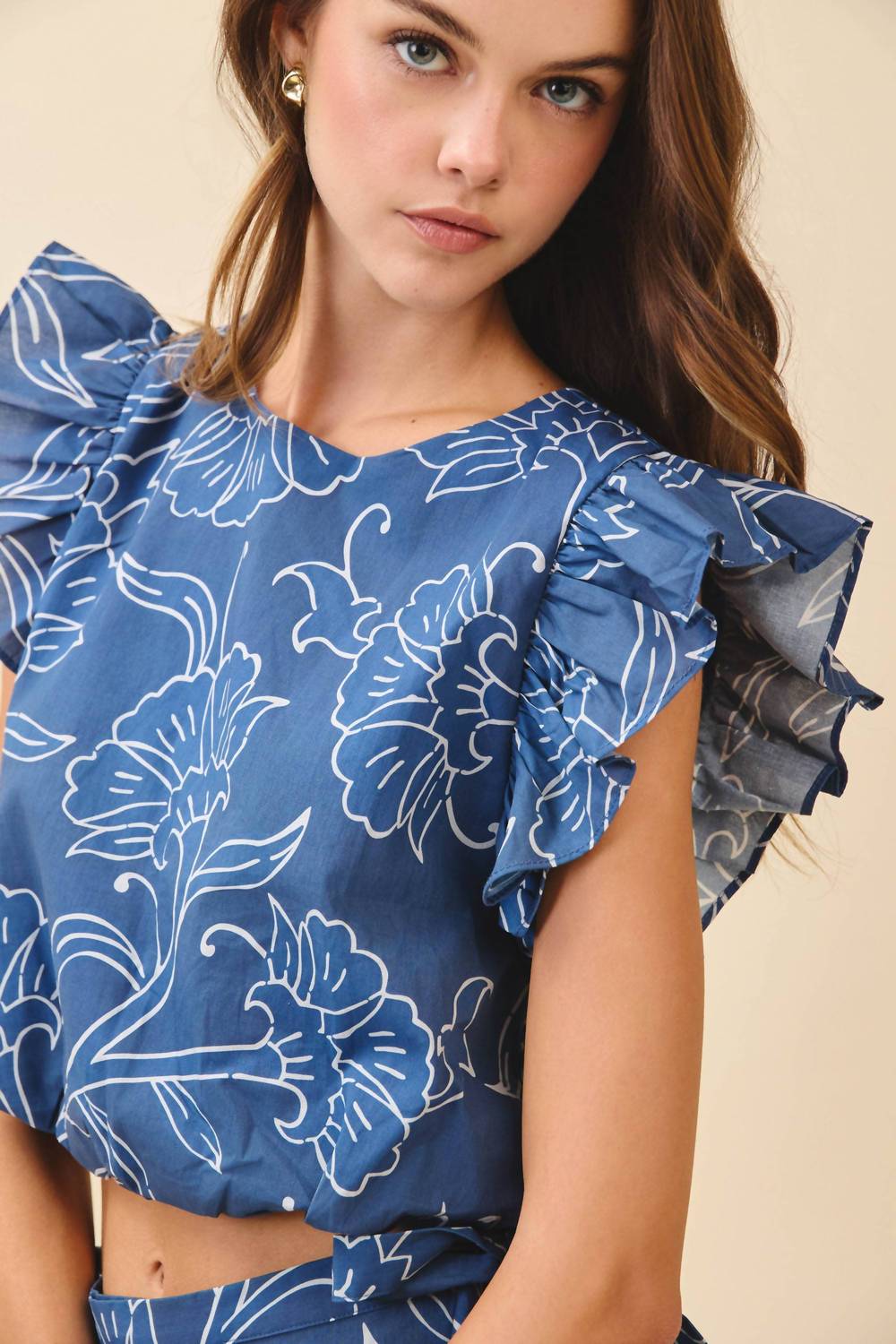 Tcec - Floral Print Layered Ruffle Sleeves Crop Top