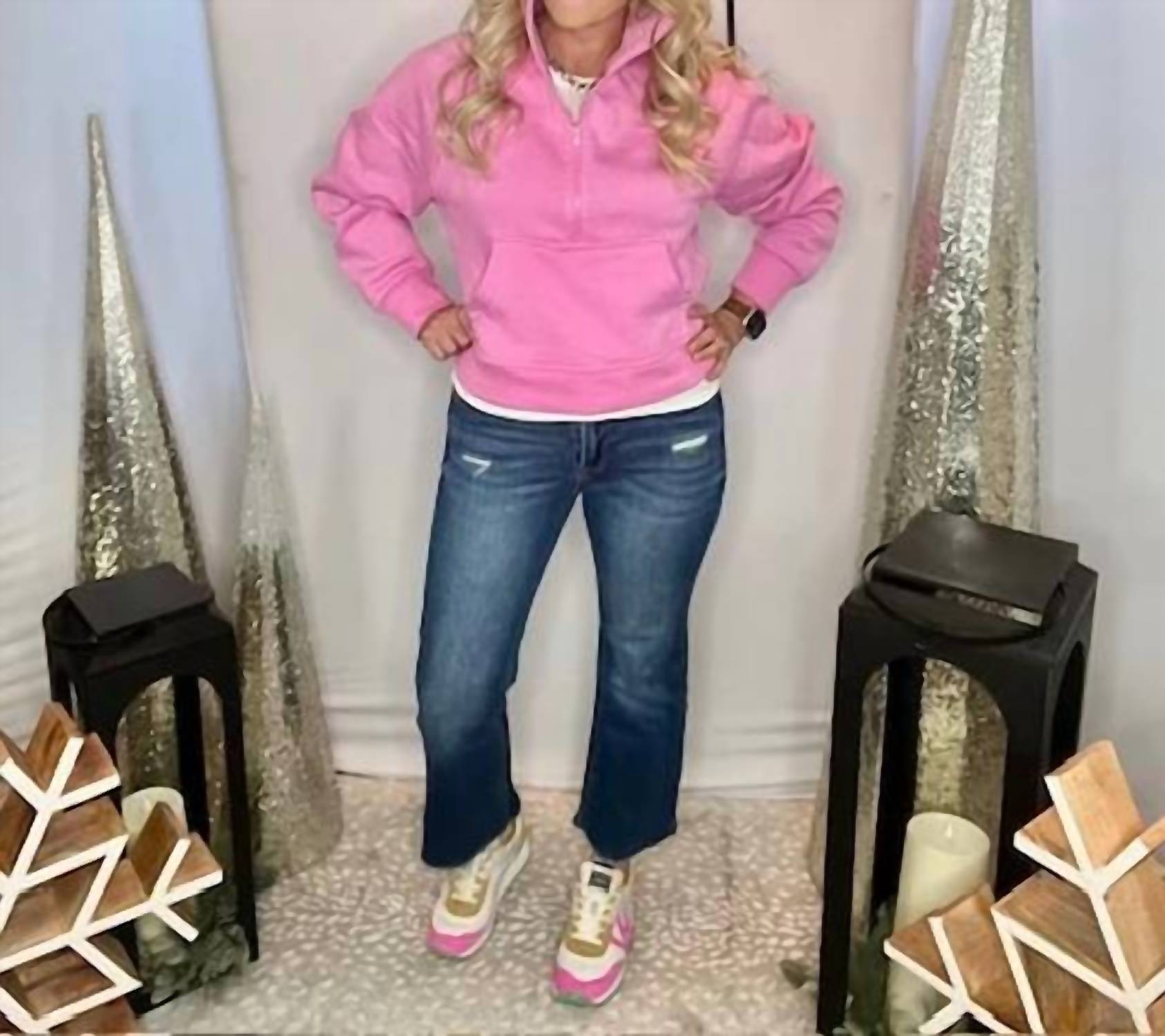 Zenana - Fleece Half Zip Kangaroo Pocket Sweatshirt