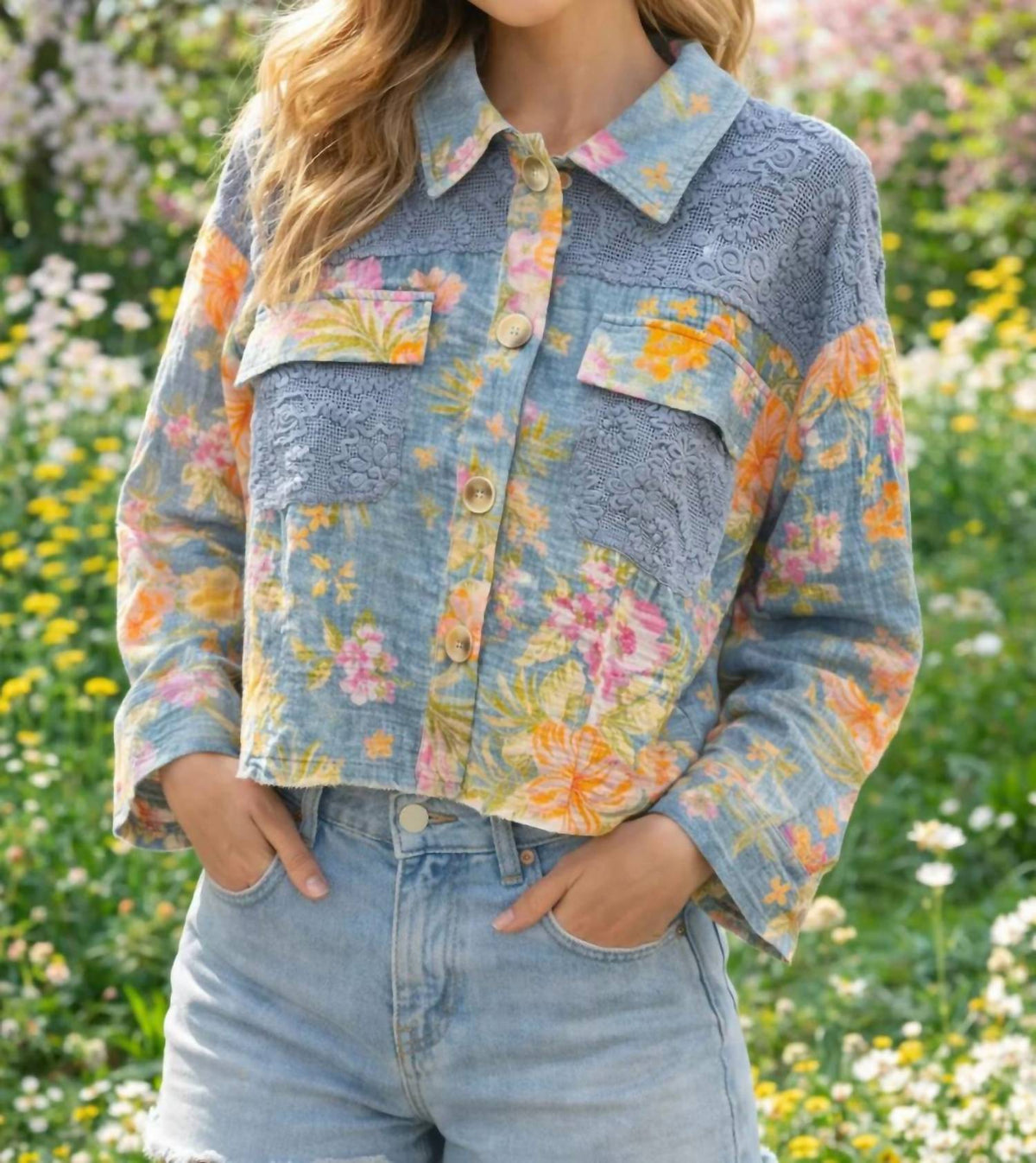 Mystree - Mixed Media Floral Denim Jacket
