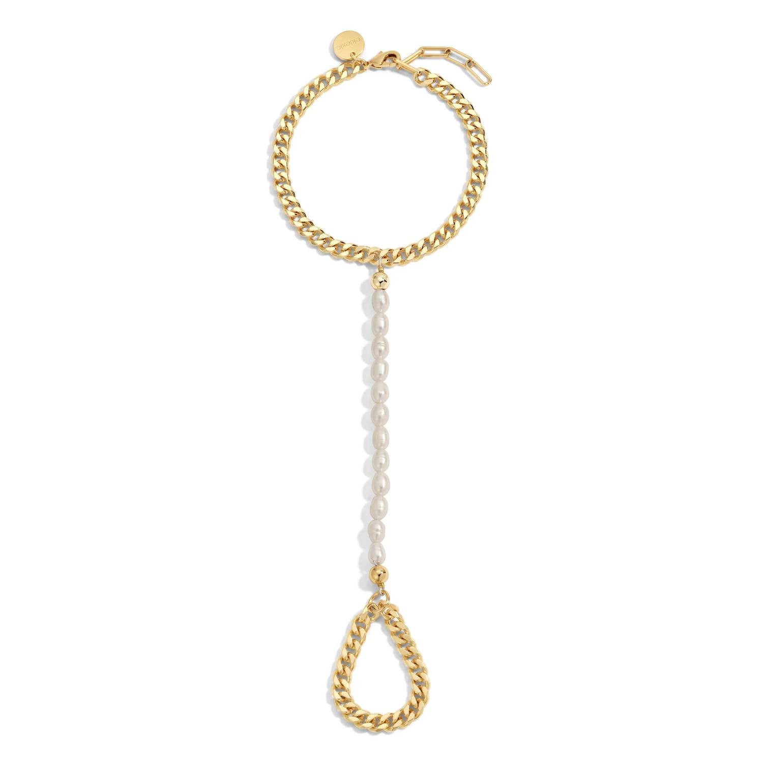 Eklexic - Women's Pearl & Curb Chain Hand Chain Bracelet