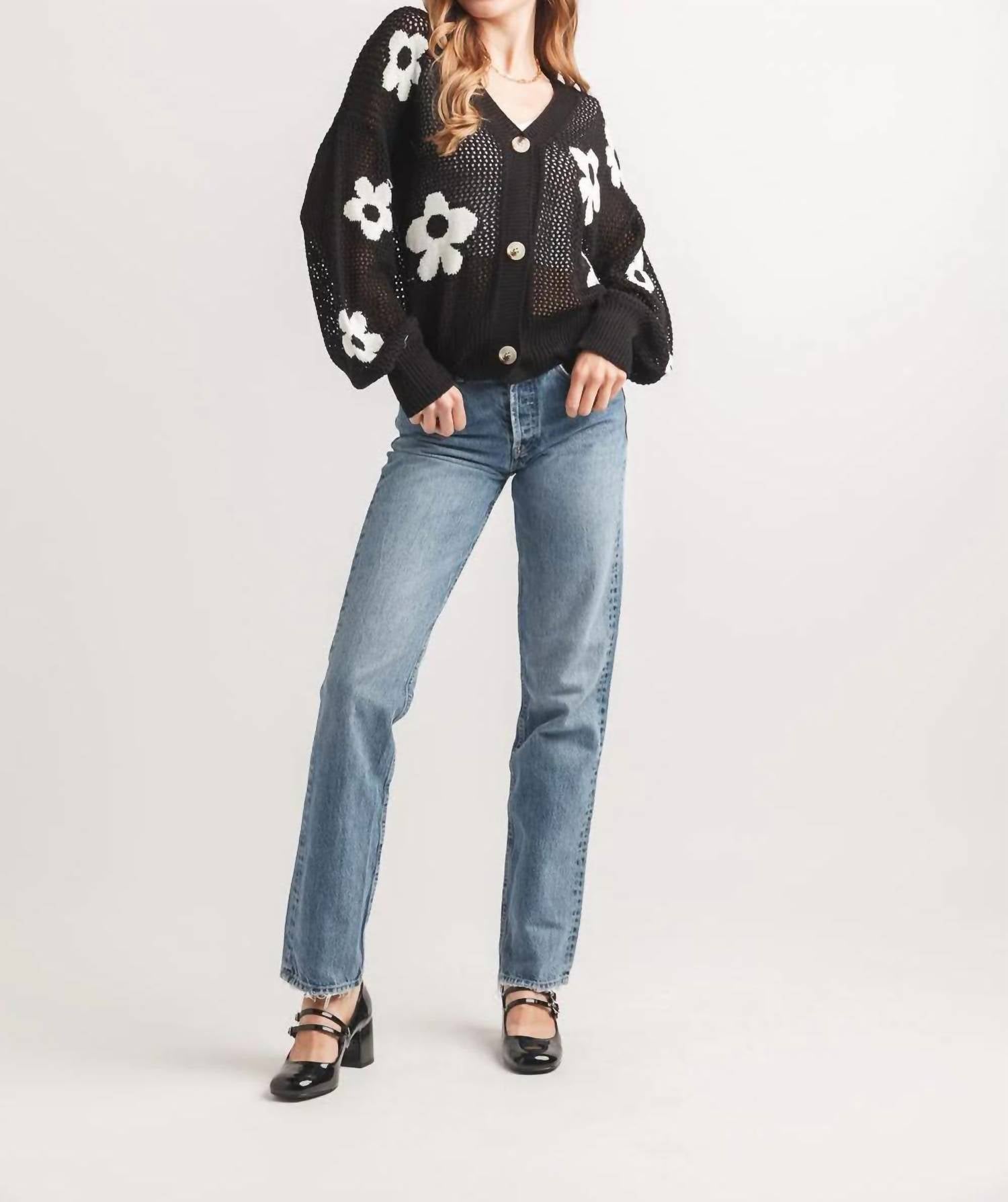 Papillon - Open Knit Daisy Print Long Sleeves Cardigan