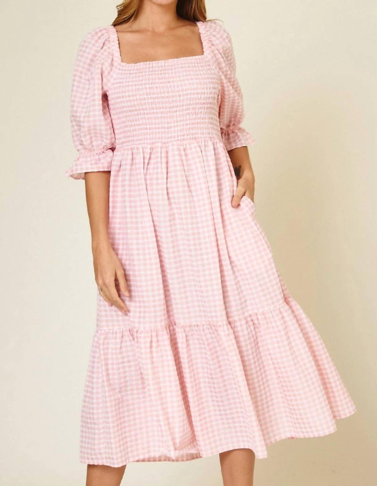 Ces Femme - Gingham Smocked Midi Dress
