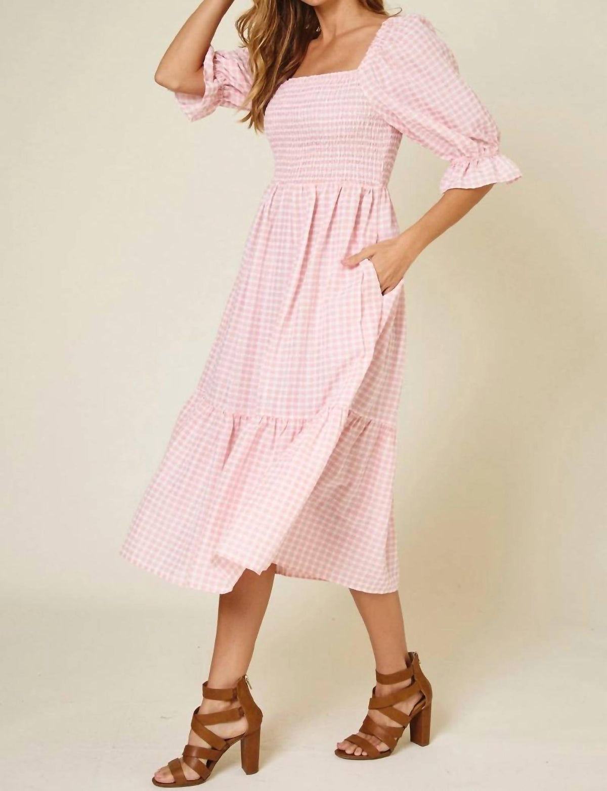 Ces Femme - Gingham Smocked Midi Dress