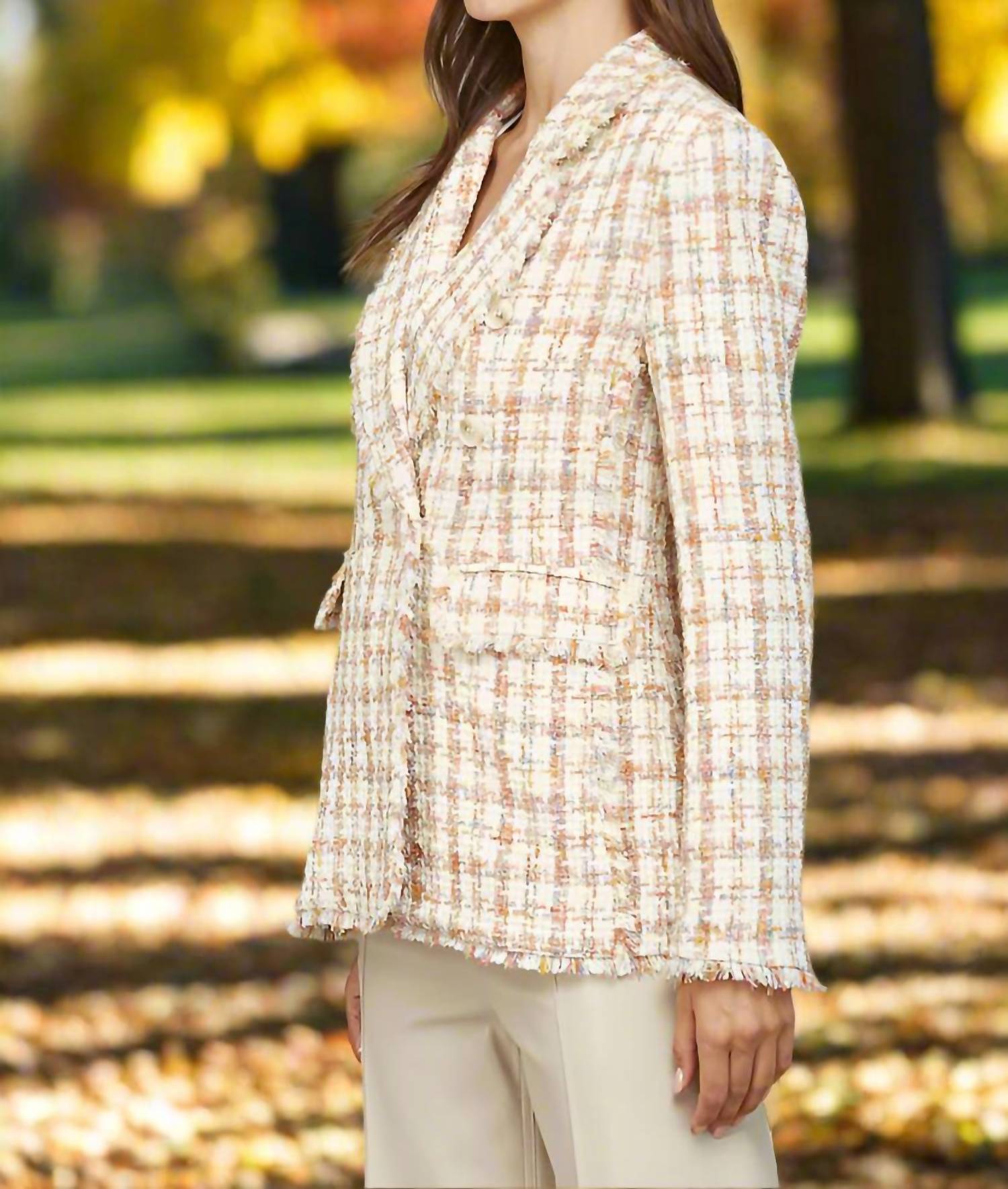 Fate Fray Detail Tweed Blazer in ivory multi - women's jacket - alternate view