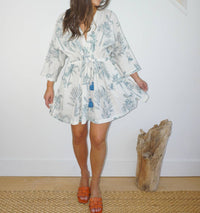 NIBI MTK Savannah Kaftan Dress in faded teal palms - women's dress - detail view