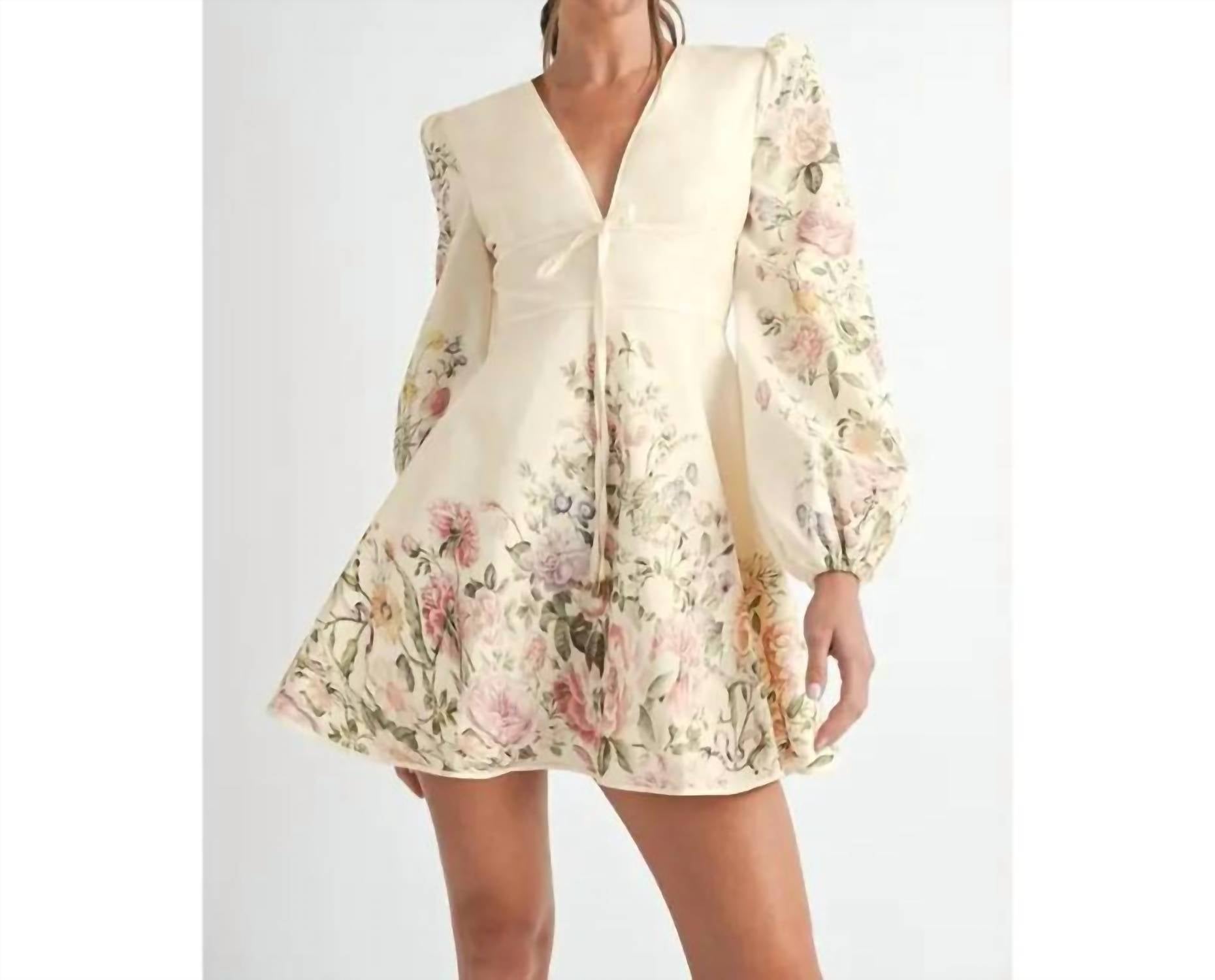 EB Luxe Women's Floral Long Sleeve Mini Dress in ivory combo - women's dress