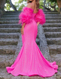 Ava Presley - Fitted Evening Gown With Feather Detailing