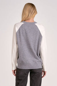 ELAN Long Sleeve Crewneck Sweater in grey white color block - women's sweater - detail view