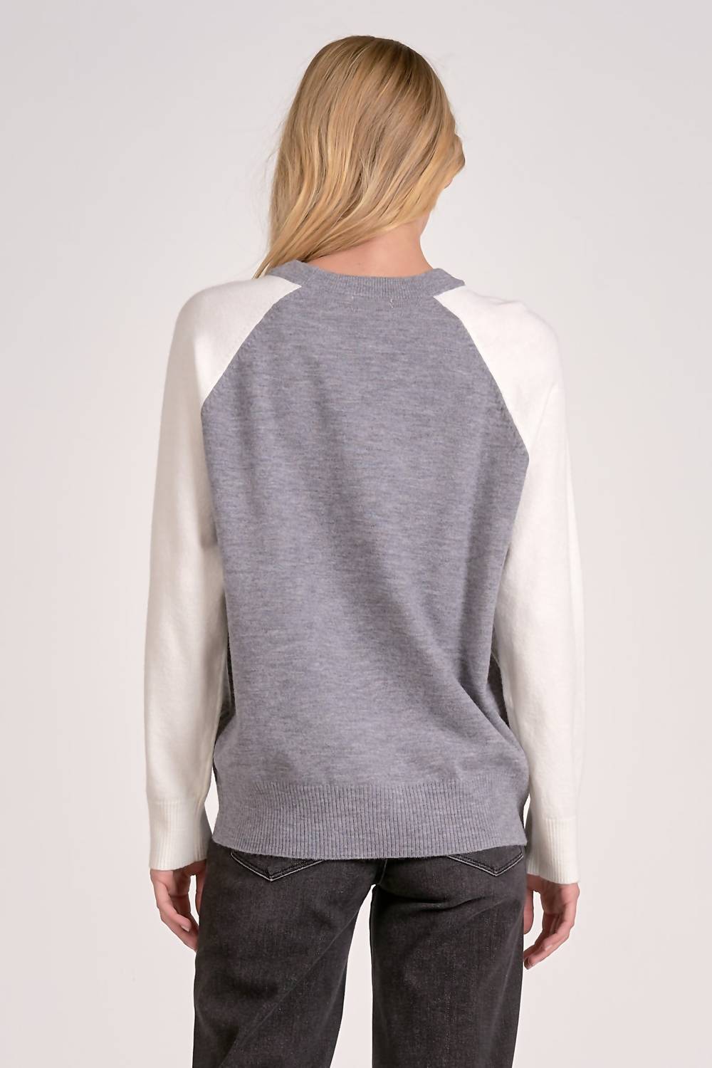 ELAN Long Sleeve Crewneck Sweater in grey white color block - women's sweater - detail view