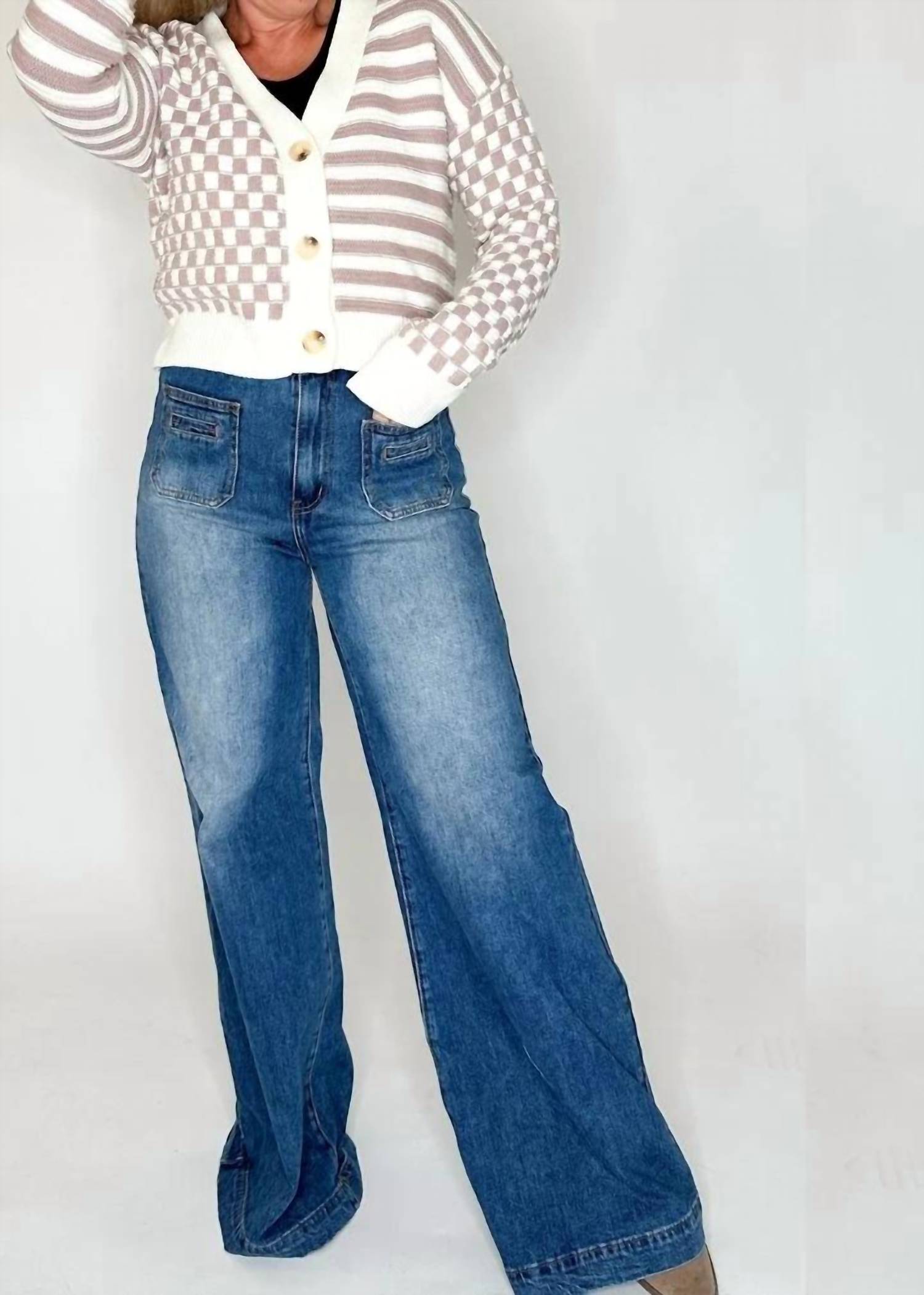 Hem & Thread - Stripe And Checker Mixed Crop Sweater Cardigan